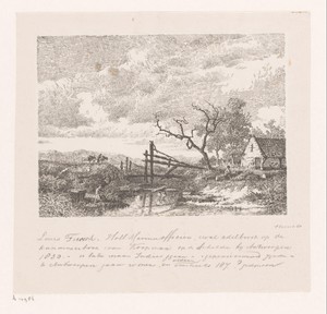 Landschap met constructie van houten palen over een sloot
