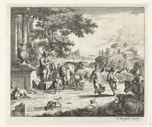 Landschap met dansende man en vrouw en doedelzakspeler bij ruïnes