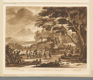 Landschap met dansende saters en nimfen