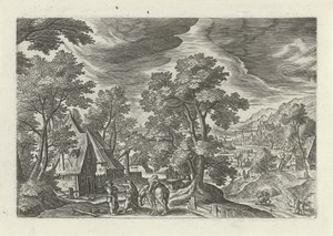 Landschap met de barmhartige Samaritaan die de gewonde reiziger bij een herberg afzet
