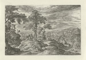 Landschap met de barmhartige Samaritaan met op zijn paard de gewonde reiziger