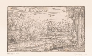 Landschap met de heilige Hieronymus en twee reizigers