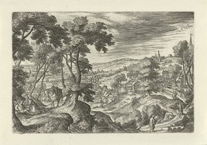 Landschap met de reiziger die door de barmhartige Samaritaan wordt verzorgd