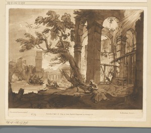 Landschap met de Verzoeking van H. Antonius bij een ruïne