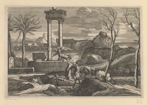 Landschap met de vlucht naar Egypte geleid door een engel