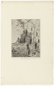 Landschap met dode mollen aan boom en mollenvanger