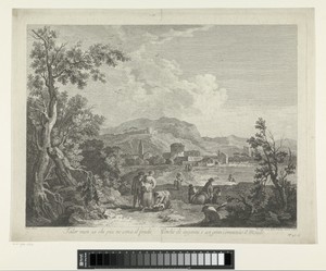 Landschap met dorp aan meer