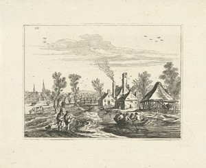 Landschap met dorp aan rivier