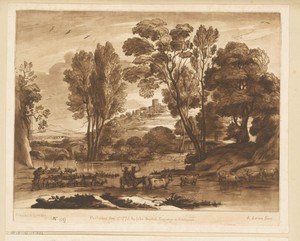 Landschap met dorp op een heuvel en drie veedrijvers die rivier oversteken