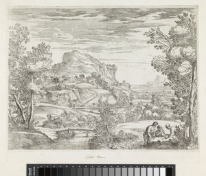 Landschap met drie dobbelende mannen
