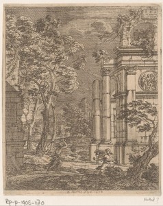 Landschap met drie figuren bij antieke ruïnes