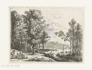 Landschap met drie figuren bij een meer
