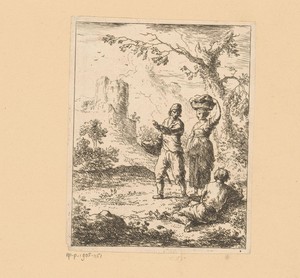 Landschap met drie figuren voor een ruïne