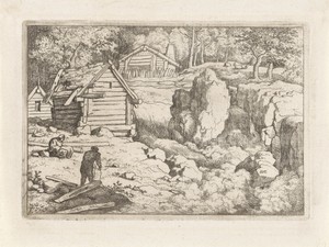 Landschap met drie houten huisjes