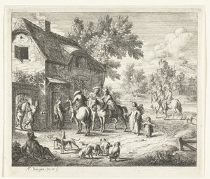Landschap met drie jagers te paard en honden voor herberg