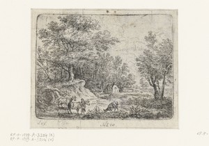 Landschap met drie koeien en een vrouw