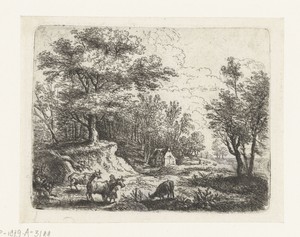 Landschap met drie koeien en een vrouw