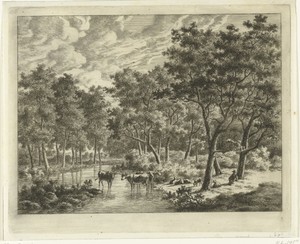 Landschap met drie koeien in een plas, rechts leunt een herder tegen een boom