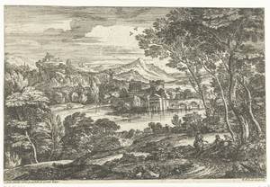 Landschap met drie personen aan een pad