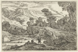 Landschap met drie personen aan rivieroever