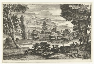 Landschap met drie personen bij een kudde geiten
