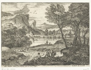 Landschap met drie personen langs pad