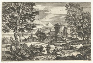 Landschap met drie personen nabij dorp