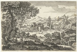 Landschap met drie personen onder een boom