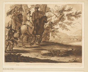 Landschap met drie ruiters die gaan jagen