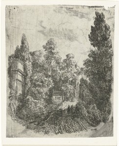 Landschap met drie wandelaars op een weg