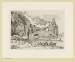 Landschap met drie watervallen bij een watermolen
