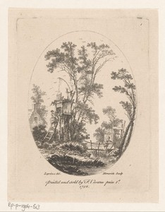 Landschap met duiventil en vrouw op een brug