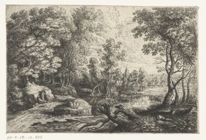 Landschap met een beek en twee mannen rustend onder een boom