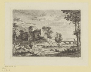 Landschap met een boer op een ezel en een visser aan een rivier met stenen brug