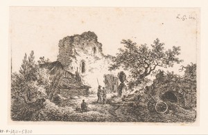 Landschap met een boerderij bij een ruïne