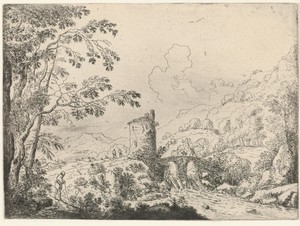 Landschap met een brug en een toren