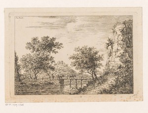 Landschap met een brug waar een man met twee koeien over loopt