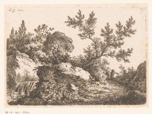 Landschap met een cascade en een man met een stok