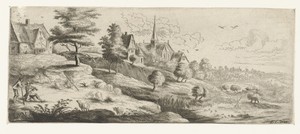Landschap met een dorp en een schalmei spelende man