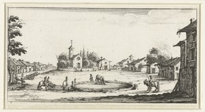 Landschap met een drenkplaats in een dorp
