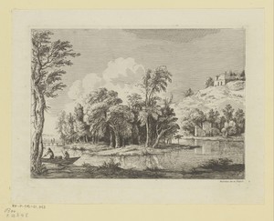 Landschap met een eiland met bomen en figuren in een boot
