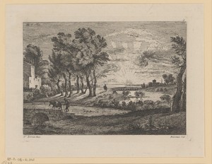 Landschap met een figuur op een brug bij zonsopgang