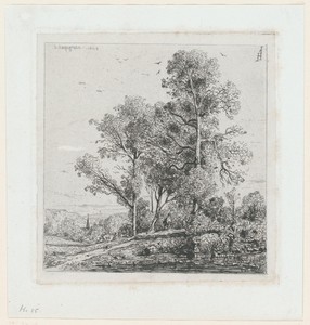 Landschap met een figuur op een pad langs een vijver