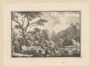 Landschap met een figuur wadend door water en twee rustend op een rots