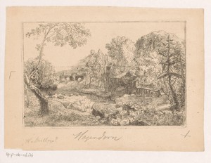 Landschap met een gemaal tussen bomen