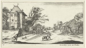 Landschap met een groot huis aan een dorpsweg