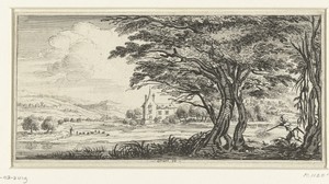 Landschap met een grote boom en een jager
