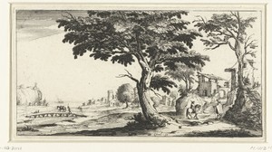 Landschap met een grote boom en een ruiter
