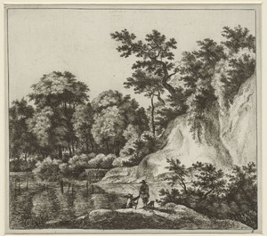Landschap met een grote rots aan het water