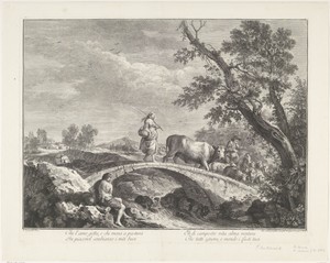 Landschap met een herder en herderin met kudde op een bruggetje